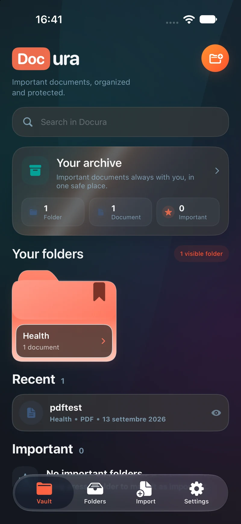 Docura — Archive in dark mode. Original screenshot supplied by the developer.