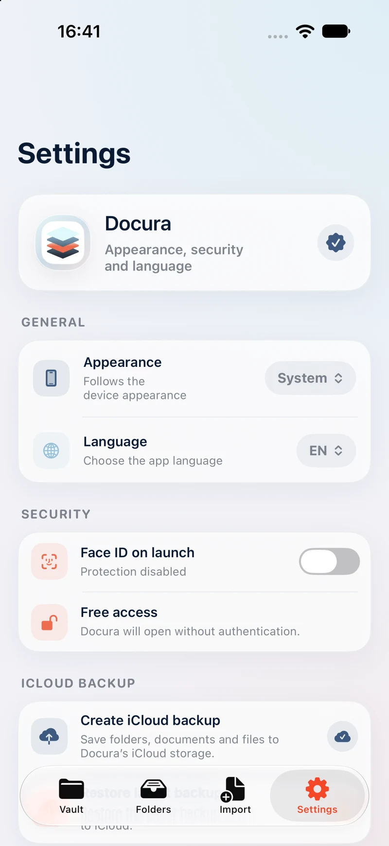 Docura — Impostazioni di Docura. Screenshot originale fornito dallo sviluppatore.