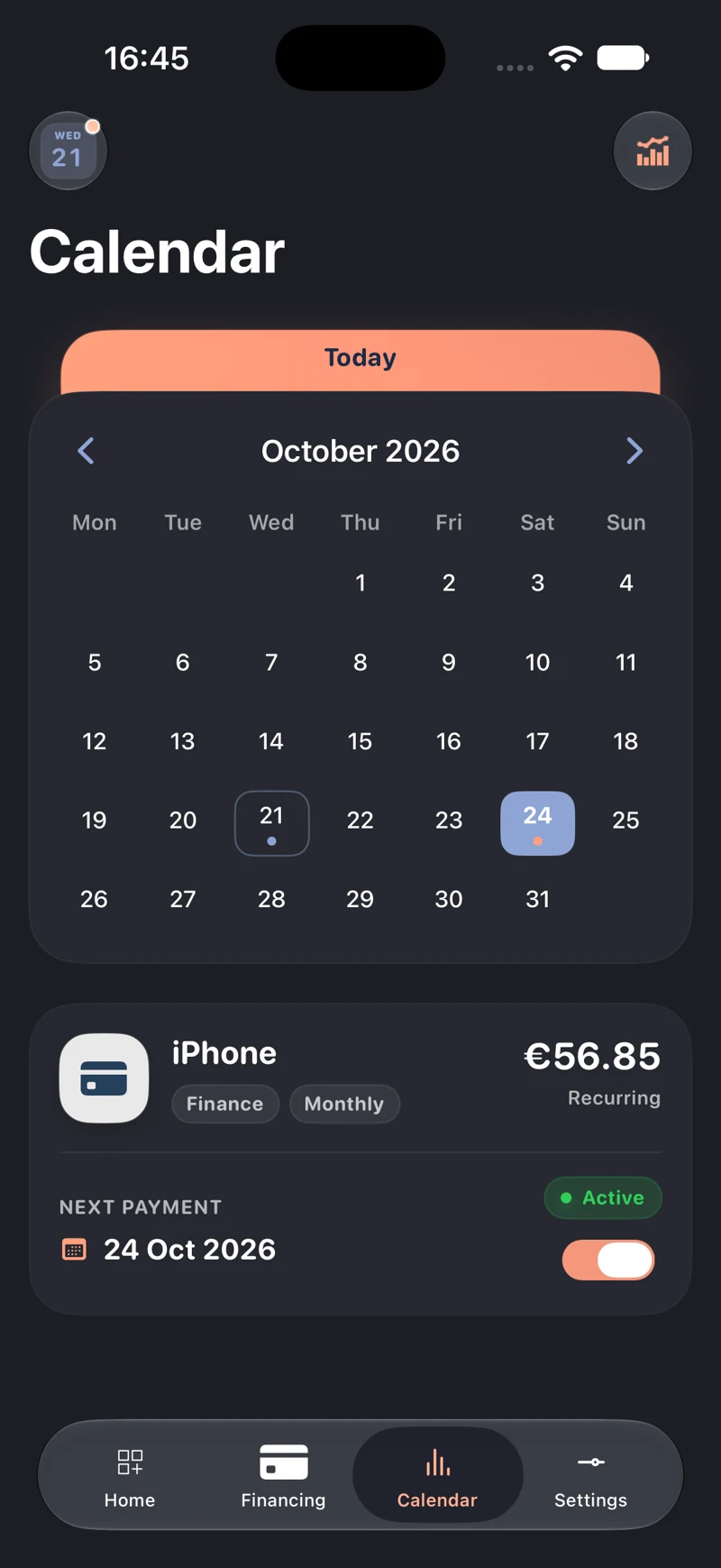 Paynix — Payment calendar. Original screenshot supplied by the developer.
