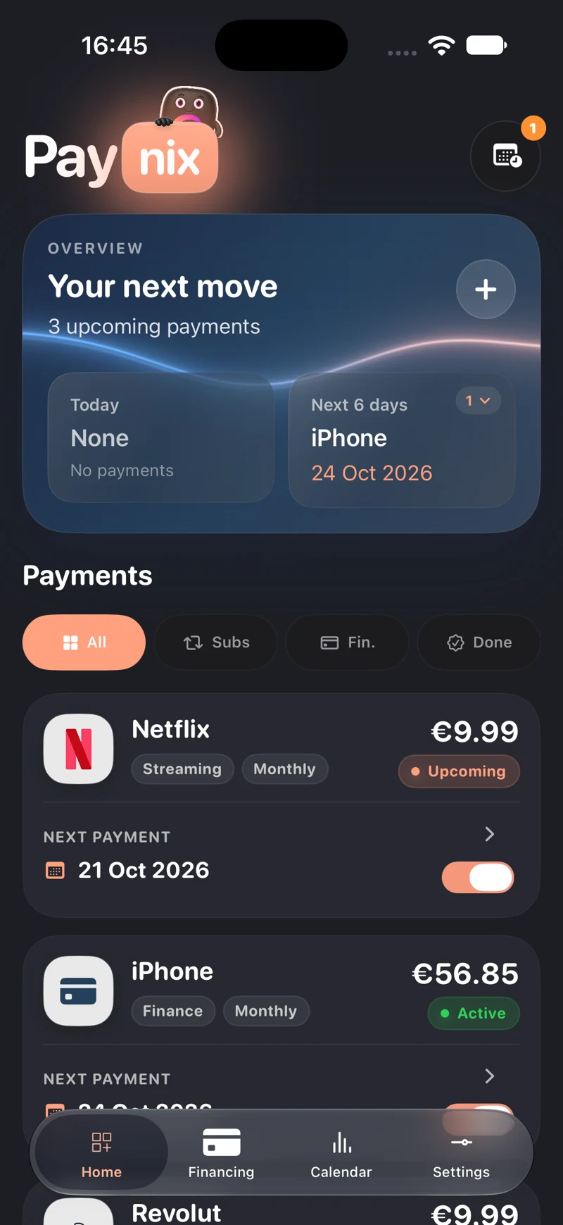 Paynix — Payments overview. Original screenshot supplied by the developer.