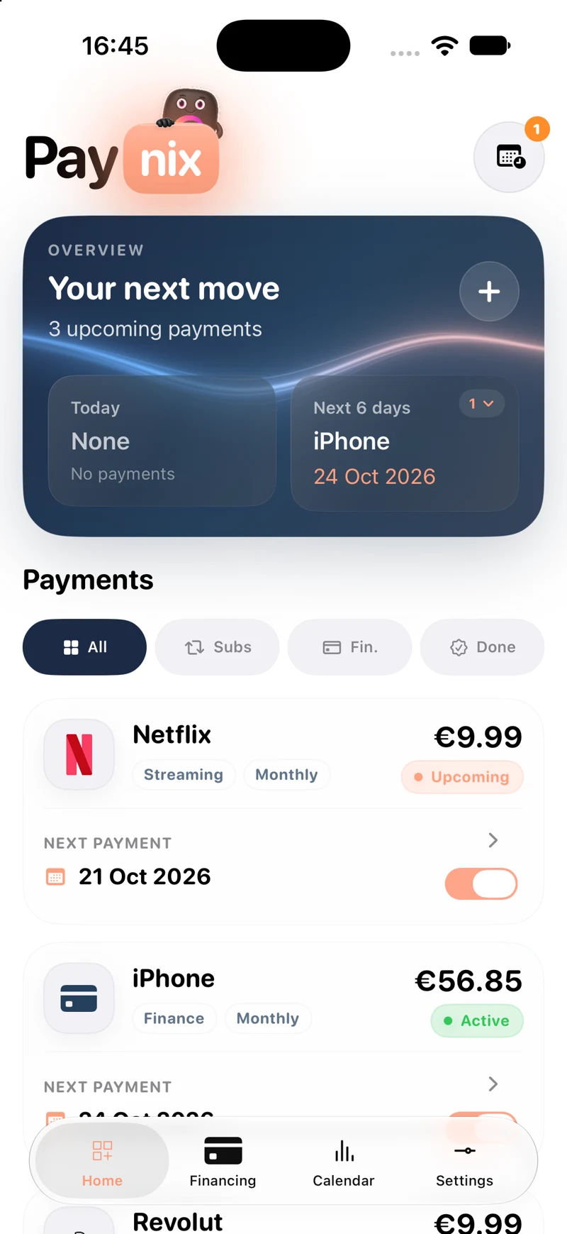Paynix — Panoramica in modalità chiara. Screenshot originale fornito dallo sviluppatore.