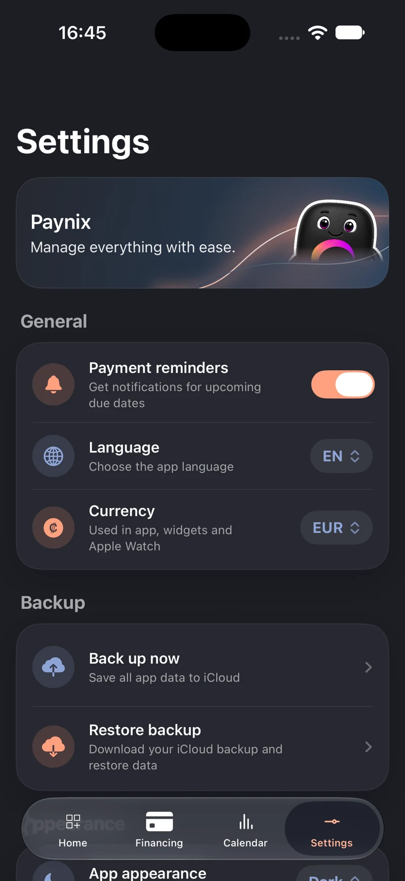 Paynix — Impostazioni di Paynix. Screenshot originale fornito dallo sviluppatore.