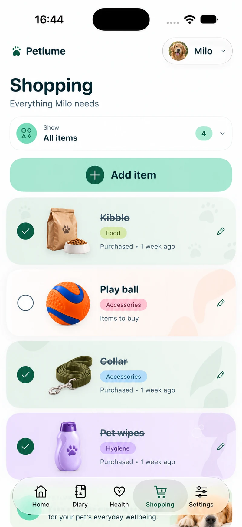 Petlume — Lista degli acquisti. Profilo dimostrativo Milo; dati e foto sostituiti.